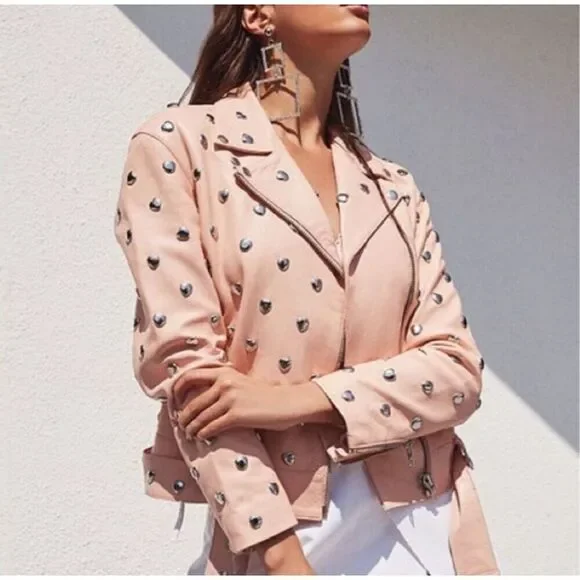Lovers + friends pink studded heart moto leather jacket size S - Picture 2 of 16